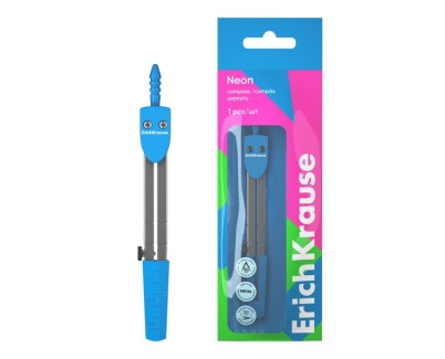 ErichKrause Neon Compas Escolar - Cuerpo Metalico - 120mm de Longitud - Radio Maximo de 180mm - Bolsa de Polietileno - Color Azul