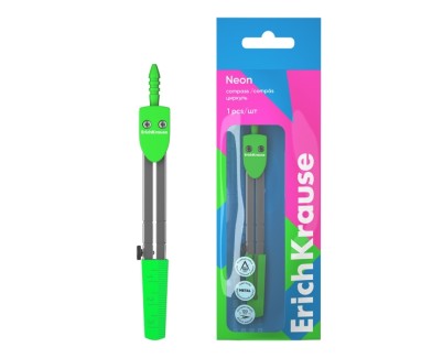 ErichKrause Neon Compas Escolar - Cuerpo Metalico - 120mm de Longitud - Radio Maximo de 180mm - Bolsa de Polietileno - Color Verde