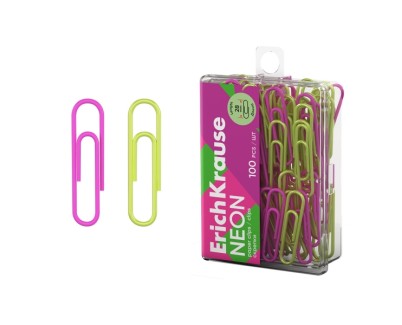 ErichKrause Neon Pack de 100 Clips Recubiertos - 28mm - Caja de Plastico - Colores Surtidos