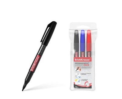 Erichkrause Pack de 3 Marcadores Permanente P-70 - Punta de Bala de 1.0mm - Resistente al Agua y a La Luz - Negro, Azul, Rojo (Pouch 3 Pcs.)