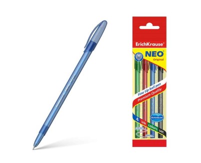 Erichkrause Pack de 4 Boligrafos Neo Original - Punta de Aguja Sofisticada Fine Tip - Cuerpo Redondo Translucido Mate - Tinta en Colores Azul, Negro, Rojo, Verde - Color Del Cuerpo Coincide con La Tinta