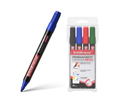 Erichkrause Pack de 4 Marcadores Permanente P-200 - Punta en Forma de Bala - Resistente al Da&ntilde;o y La Abrasion - Ancho de Escritura de 0.8 a 2.2 mm - Negro, Azul, Verde, Rojo