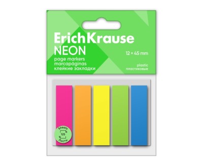 ErichKrause Pack de 5 Blocs de 25 Marcadores de Pagina de Plastico 12x45mm - Colores Amarillo, Azul, Naranja, Verde y Rosa Neon