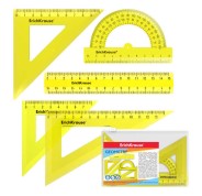 Erichkrause Pack de 5 Reglas de Dibujo - Regla de 15cm - Escuadra de 7cm/45º, 9cm/45º, 13cm/60º - Transportador de 180º/10cm - Color Amarillo