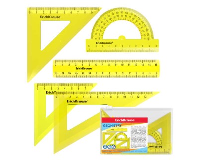 Erichkrause Pack de 5 Reglas de Dibujo - Regla de 15cm - Escuadra de 7cm/45º, 9cm/45º, 13cm/60º - Transportador de 180º/10cm - Color Amarillo