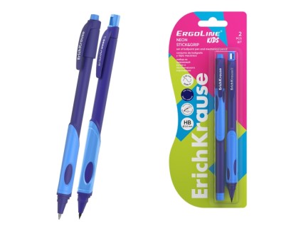ErichKrause Pack de Boligrafo Retractil y Portaminas - Punta de 0.5mm - Mina de 2mm HB - Zona de Agarre Triangular - Capuchon Ventilado - Color Azul