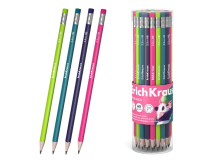 ErichKrause Panda Hugs Lapiz de Grafito con Goma de Borrar - Mina HB - Cuerpo Redondo - Agarre Ergonomico - Colores Surtidos