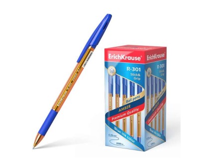 Erichkrause R-301 Amber Stick&Grip Boligrafo de Bola Punta 0.7mm - Trazo 0.35mm - Agarre con Grip de Goma - Tinta de Secado Rapido - Cuerpo Naranja Transparente - Capuchon Ventilado - Color Azul