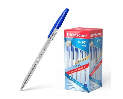 Erichkrause R-301 Boligrafo de Bola Punta 1.0mm - Trazo 0.5mm - Tinta de Secado Rapido - Cuerpo Transparente - Capuchon Ventilado - Color Azul