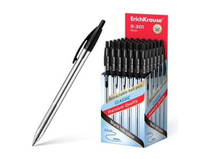 ErichKrause R-301 Matic Boligrafo Retractil Punta de Bola 1.0mm - Tinta de Secado Rapido - Cuerpo Transparente - Color Negro
