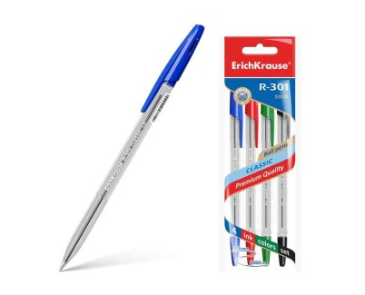 Erichkrause R-301 Pack de 4 Boligrafos de Bola Punta 1.0mm - Trazo 0.5mm - Tinta de Secado Rapido - Cuerpo Transparente - Capuchon Ventilado - Colores Azul, Negro, Rojo y Verde