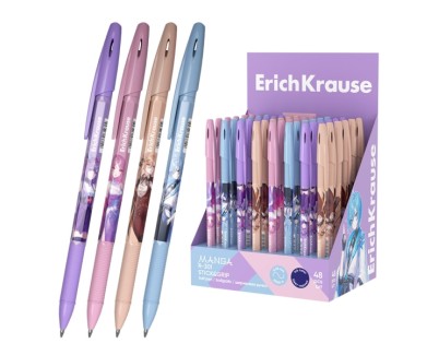 ErichKrause R-301 Stick and Grip Manga Expositor con 48 Boligrafos con Capuchon - Modelos Surtidos - Trazo 0.35mm - Zona de Agarre de Goma - Tinta de Secado Rapido - Tapa Ventilada - Color Azul