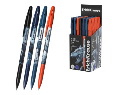 ErichKrause R-301 Stick Techno Dino Boligrafo con Capuchon - Modelos Surtidos - Trazo 0.35mm - Tinta de Secado Rapido - Tapa Ventilada - Color Azul