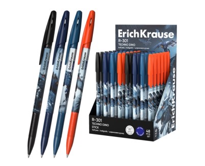 ErichKrause R-301 Stick Techno Dino Expositor con 48 Boligrafos con Capuchon - Modelos Surtidos - Trazo 0.35mm - Tinta de Secado Rapido - Tapa Ventilada - Color Azul