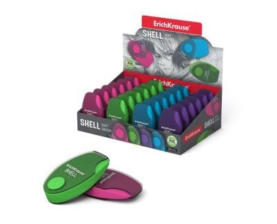 Erichkrause Shell Borrador Suave de Forma Original - Fabricado de Caucho Termoplastico Hipoalergenico - Carcasa Protectora de Plastico con Mecanismo Deslizante - Color Azul