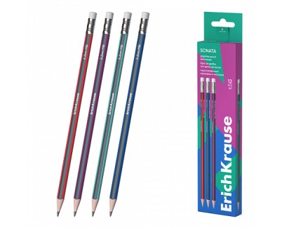 Erichkrause Sonata Lapiz de Grafito HB Triangular con Goma de Borrar - Facil Afilado - No Ara&ntilde;a el Papel - Madera Seleccionada - Resistente al Impacto - Cuerpo de Colores Surtidos