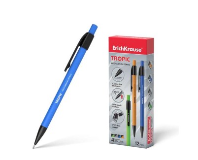ErichKrause Tropic Portaminas - Boquilla Retractil y Revestimiento Soft Touch - Colores Mate Brillantes - con Borrador y Capuchon - Clip Comodo - Dureza HB - Minas de 0.5mm - Color Negro