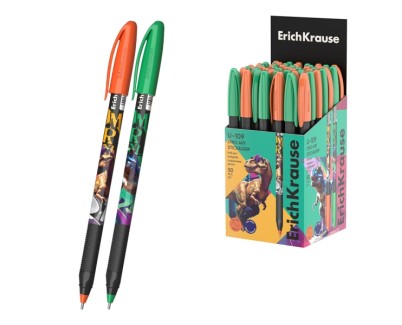 ErichKrause U-109 Stick and Grip Dino Art Boligrafo con Capuchon - Modelos Surtidos - Trazo 0.3mm - Zona de Agarre de Goma - Tinta de Baja Viscosidad - Tapa Ventilada - Color Azul