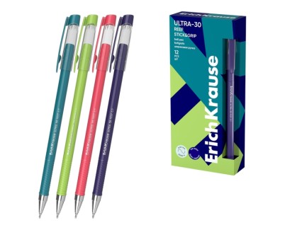 ErichKrause ULTRA-30 Stick and Grip Reef Boligrafo con Capuchon - Modelos Surtidos - Trazo 0.26mm - Zona de Agarre de Goma - Tinta de Baja Viscosidad - Tapa Ventilada - Color Azul