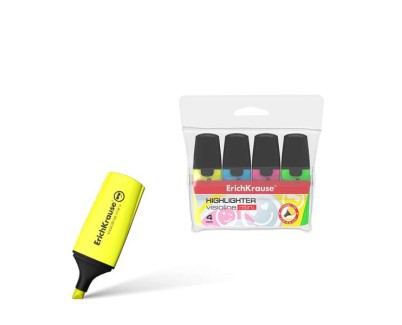Erichkrause Visioline Mini Pack de 4 Marcadores - Miniformato con Divertidos Emoticonos - Colores: Amarillo, Verde, Azul, Rosa - Fluorescente