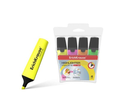 Erichkrause Visioline V-12 Pack de 4 Marcadores Fluorescentes - Punta Biselada - Tinta a Base de Agua - Colores Naranja, Rosa, Verde y Amarillo