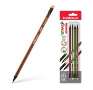 Erichkrause Vivo HB Pack de 4 Lapices de Grafito Triangular HB con Goma de Borrar del Color del Lapiz - Madera Seleccionada - Resistente al Impacto - Facil Afilado - Cuerpo de Colores Surtidos