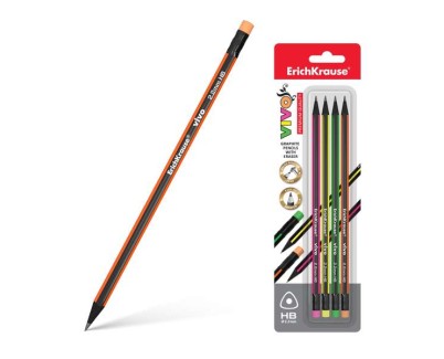 Erichkrause Vivo HB Pack de 4 Lapices de Grafito Triangular HB con Goma de Borrar del Color del Lapiz - Madera Seleccionada - Resistente al Impacto - Facil Afilado - Cuerpo de Colores Surtidos