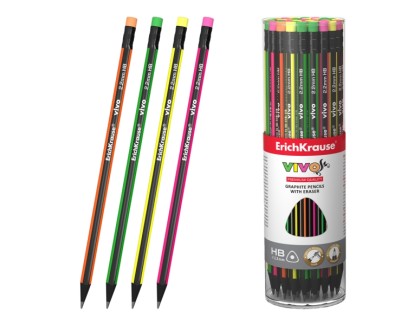 ErichKrause VIVO Lapiz de Grafito con Goma de Borrar - Mina HB - Cuerpo Triangular - Facil Afilado - Agarre Ergonomico - Colores Surtidos