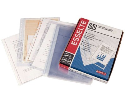 Esselte Caja de 100 Fundas Porta Documentos Multitaladro-16 - Tama&ntilde;o Folio - Cristal Liso Calidad Estandar - Transparente