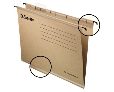 Esselte Classic A4 Pack de 50 Carpetas Colgantes Reforzadas A4 - 10 Veces Mas Resistente - Visores de Plastico Transparente - Etiquetas Blancas - 100% Carton Kraft Reciclado