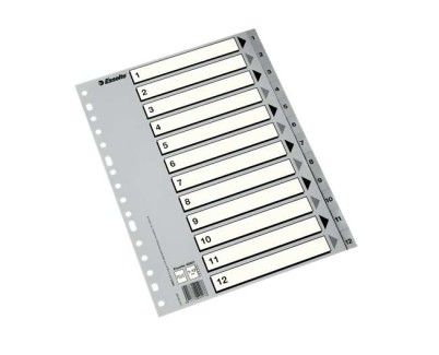 Esselte Indice Numerico de Plastico - Pesta&ntilde;as 1 al 12 - Multitaladro - Formato Folio - Color Gris