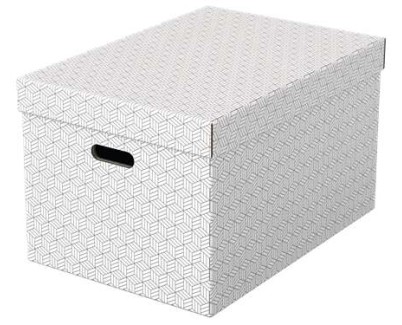 Esselte Pack de 3 Cajas Grandes de Almacenamiento con Tapa 355x305x510mm - Carton 100% Reciclado y Reciclable - Asas Integradas - Diseño Blanco con Dibujo