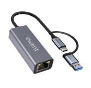 Ewent Adaptador de Red USB-C + USB-A a Ethernet Gigabit 10/100/1000 Mbps - 15 cm - Color Gris