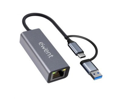 Ewent Adaptador de Red USB-C + USB-A a Ethernet Gigabit 10/100/1000 Mbps - 15 cm - Color Gris