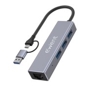 Ewent Adaptador de Red USB-C + USB-A/M 3.2 Gen1 a Ethernet Gigabit 10/100/1000 Mbps + Hub 3xUSB-A 3.2 Gen1 - 15 cm - Color Gris