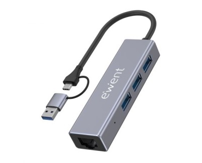 Ewent Adaptador de Red USB-C + USB-A/M 3.2 Gen1 a Ethernet Gigabit 10/100/1000 Mbps + Hub 3xUSB-A 3.2 Gen1 - 15 cm - Color Gris