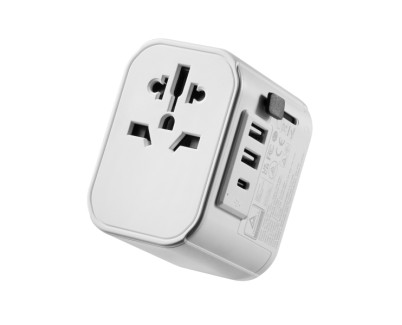 Ewent Adaptador de Viaje Universal - Conexiones para Europa (Schuko), USA, UK, Australia, China - 2xUSB-A - 1xUSB-C - Color Plata