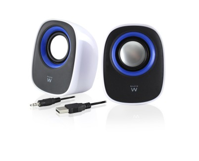 Ewent Altavoces Estereos de Sobremesa - Alimentacion USB - Control de Volumen - Jack de 3.5mm - Color Blanco/Negro