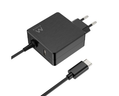 Ewent Cargador de Pared USB-C de 65W - Power Delivery - USB-A Extra - Cable de 1.5m - Proteccion Electrica - Color Negro