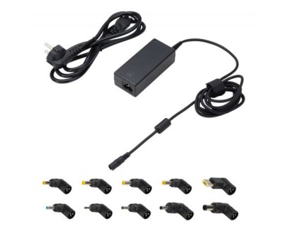 Ewent Cargador Universal para Portatil de 65W - 10 Clavijas Intercambiables - Automatico - Gestion Inteligente de Corriente - Color Negro