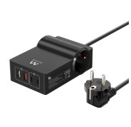 Ewent Cargador USB con 2 Tomas de Corriente Tipo Schuko 16A - 65W GaN - 2x USB-A - 2x USB-C - Cable de 1.5m - Proteccion Infantil - Proteccion contra Sobrecorriente y Sobretensiones - Color Negro