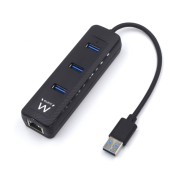 Ewent EW1140 Hub 3Puertos USB3.2 - Puerto de Red Gigabit - Color Negro