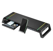 Ewent EW1268 Elevador para Monitor RGB Extensible - Plegable con cajon y soporte para smartphone - HUB USB 3.0 de 4 Puertos - Color Negro