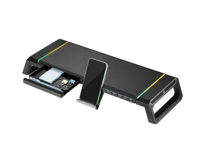 Ewent EW1268 Elevador para Monitor RGB Extensible - Plegable con cajon y soporte para smartphone - HUB USB 3.0 de 4 Puertos - Color Negro