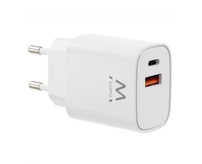 Ewent EW1326 Cargador GaN 30W - 1xUSB-C PD3.0 QC3.0 - 1xUSB-A QC3.0 - Color Blanco