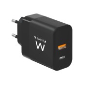 Ewent EW1327 Cargador GaN Universal de Pared 45W Ultrarapido - 1x USB-C PD 3.0 & PPS, 1x USB-A QC 2.0 - Color Negro