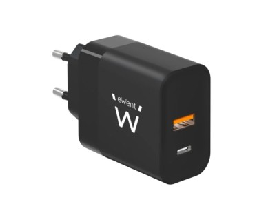 Ewent EW1327 Cargador GaN Universal de Pared 45W Ultrarapido - 1x USB-C PD 3.0 & PPS, 1x USB-A QC 2.0 - Color Negro