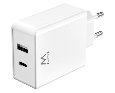 Ewent EW1328 Cargador GaN Universal de Pared 45W Ultrarapido - 1x USB-C PD & PPS, 1x USB-A QC - Color Blanco