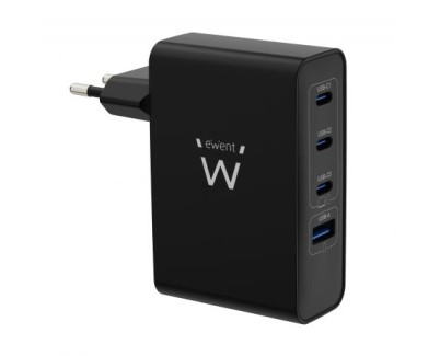 Ewent EW1330 Cargador GaN Universal de Pared 100W Ultrarapido - 3x USB-C PD 3.0 y 1x USB-A QC 3.0 - Color Negro