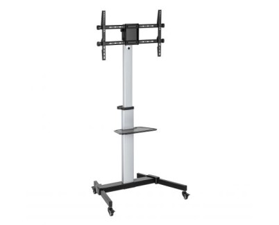 Ewent EW1583 Soporte de Suelo para TV de 37 a 86\" - Bandeja Multiusos - Peso Max. 50kg - Altura, Inclinacion y Rotacion Ajustables - Ruedas - Color Gris
